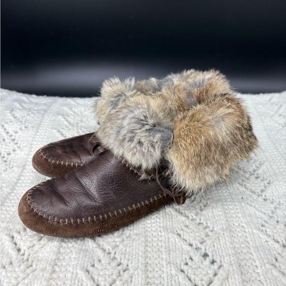 House of Harlow 1960 Rabbit Fur Slipper Bootie Moccasin Womens 36 Suede Leather - Picture 1 of 10